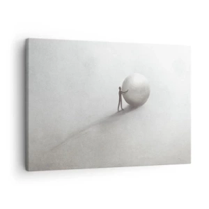 Schilderen op canvas - Een minimalistisch figuur met een bal op een lichte, monochrome achtergrond. - 70x50cm - Het spel van het leven - Moderne wanddecoratie voor woonkamer en slaapkamer ARTTOR