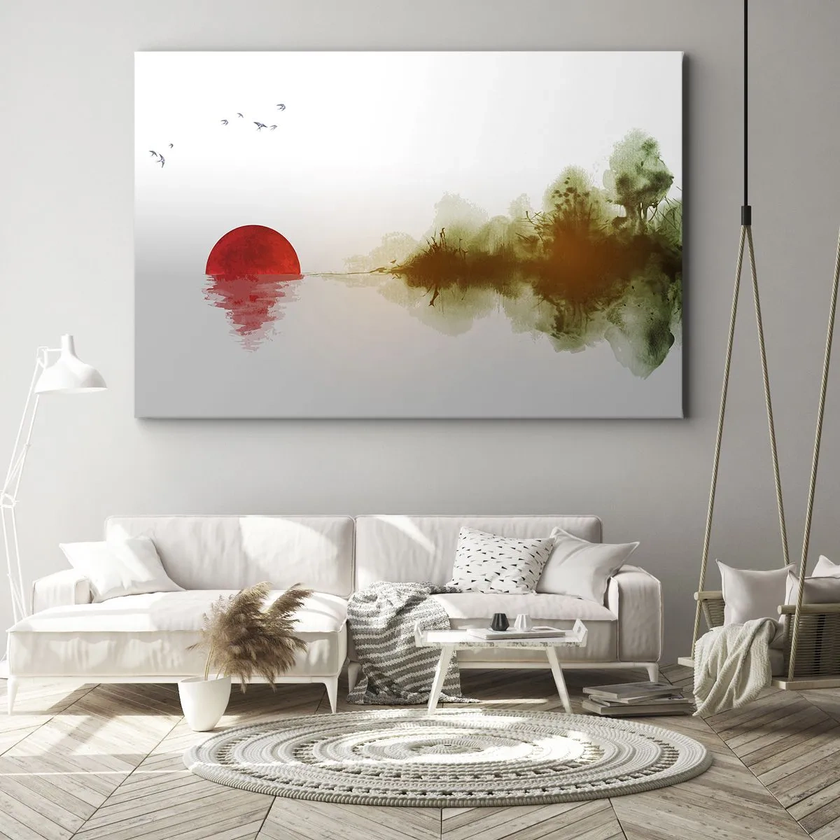 Schilderen op canvas - Abstracte zonsondergang boven een meer met weerspiegeling - 70x50cm - Een belofte van vrede - Moderne wanddecoratie voor woonkamer en slaapkamer ARTTOR