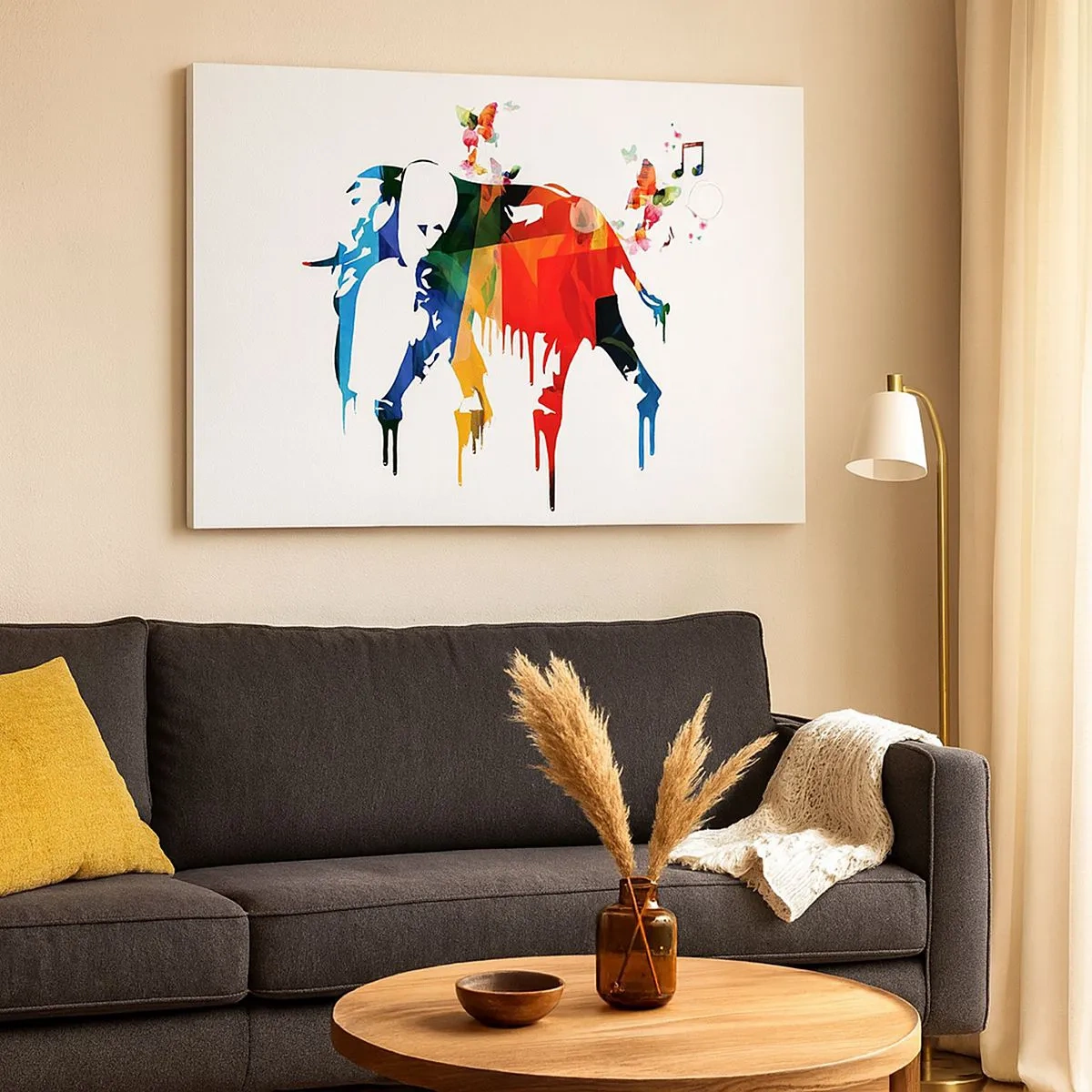 Schilderen op canvas - Kleurrijke olifant met vlinders in een moderne geometrische stijl - 70x50cm - Iedereen kan dansen - Moderne wanddecoratie voor woonkamer en slaapkamer ARTTOR