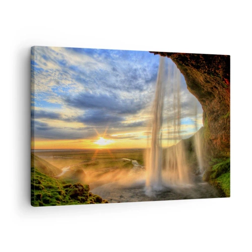 Schilderen op canvas - Een waterval verlicht door zonlicht tegen een landschapsachtergrond - 70x50cm - De wereld achter een sluier van druppels - Moderne wanddecoratie voor woonkamer en slaapkamer ARTTOR