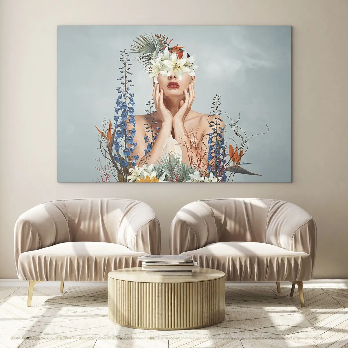 Schilderen op glas - Figuur van een vrouw met een bloemenkrans en een bloemstuk - 70x50cm - Vrouw - bloem - Moderne wanddecoratie voor woonkamer en slaapkamer ARTTOR