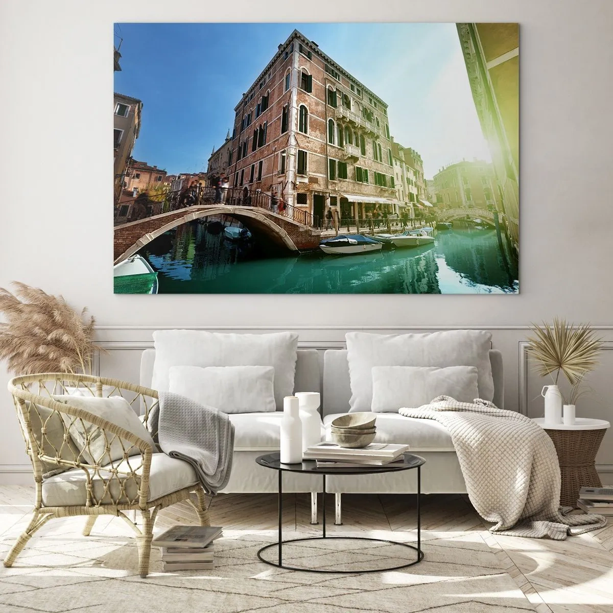 Schilderen op glas - Venetië met kanaal, brug en historische gebouwen - 70x50cm - Venetië - Amore Mio - Moderne wanddecoratie voor woonkamer en slaapkamer ARTTOR