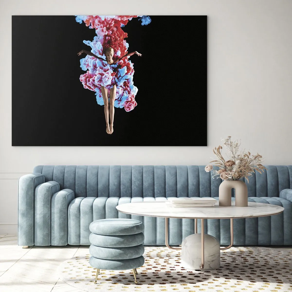 Schilderen op glas - Een danseres omringd door kleurrijke rook op een zwarte achtergrond - 70x50cm - In volle bloei - Moderne wanddecoratie voor woonkamer en slaapkamer ARTTOR