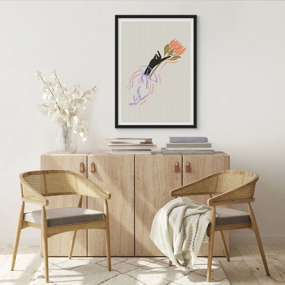 Poster in een zwarte lijst - Abstracte tekening van een hand die een boeket bloemen vasthoudt - 50x70cm - Zusterlijke aanraking - Moderne wanddecoratie voor woonkamer en slaapkamer ARTTOR