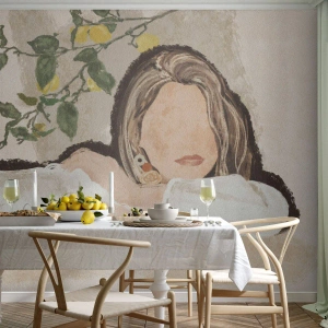 Zelfklevend Fotobehang Deluxe Sticker - Zuidelijke schoonheid - Vrouw, Citroenen, Minimalisme - 100x70 cm