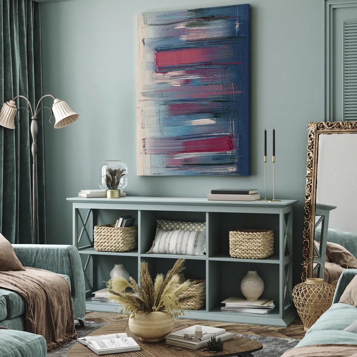 Schilderen op canvas - Verticale compositie in blauw en rood - 50x70 cm