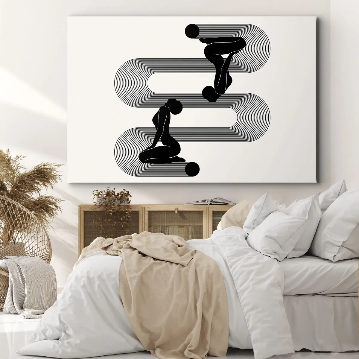 Schilderen op canvas - Zwarte silhouetten met geometrische lijnen op een lichte achtergrond - 70x50cm - Sensuele symmetrie - Moderne wanddecoratie voor woonkamer en slaapkamer ARTTOR
