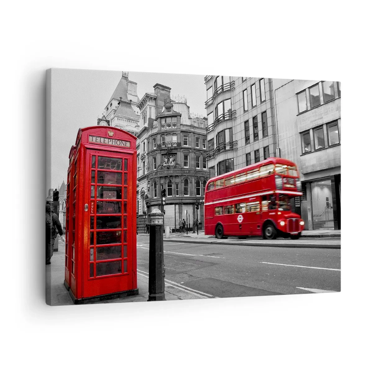 Schilderen op canvas - Een rode telefooncel en een dubbeldekkerbus in Londen met de stad op de achtergrond - 70x50cm - De roodste in Europa - Moderne wanddecoratie voor woonkamer en slaapkamer ARTTOR
