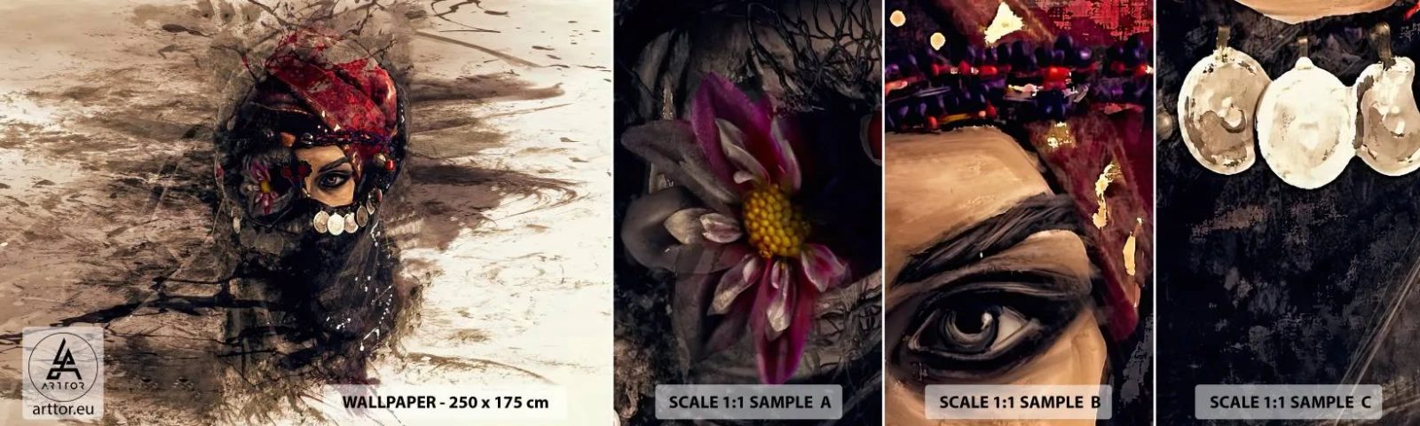 Fotobehang Monster Zelfklevend Deluxe Sticker - Op zijn zachtst gezegd verontrustend - Abstractie, Het gezicht van de vrouw, Oosterse symbolen - 100x30 cm