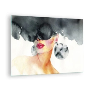 Schilderen op glas - Portret van een vrouw met grote oorbellen en een zwarte vlek boven haar hoofd - 70x50cm - Het geheim van elegantie - Moderne wanddecoratie voor woonkamer en slaapkamer ARTTOR
