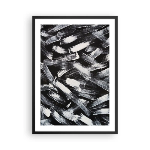Poster in een zwarte lijst - Abstracte witte penseelstreken op een zwarte achtergrond - 50x70cm - Abstractie in de industriële spirit - Moderne wanddecoratie voor woonkamer en slaapkamer ARTTOR