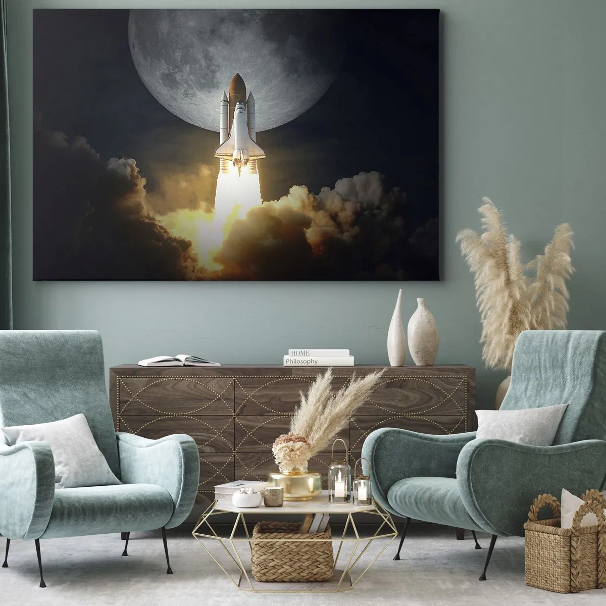 Schilderen op canvas - Een opstijgende raket tegen de achtergrond van een volle maan, omgeven door dynamische wolken. - 70x50cm - Het begin van een onaards avontuur - Moderne wanddecoratie voor woonkamer en slaapkamer ARTTOR
