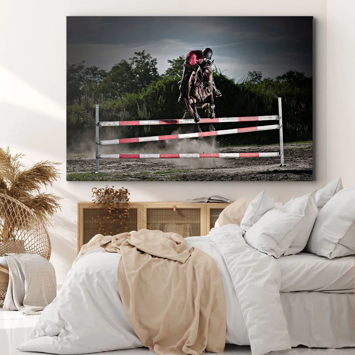 Schilderen op canvas - Een ruiter op een paard die over een hindernis op een renbaan springt - 70x50cm - Samen naar de overwinning - Moderne wanddecoratie voor woonkamer en slaapkamer ARTTOR