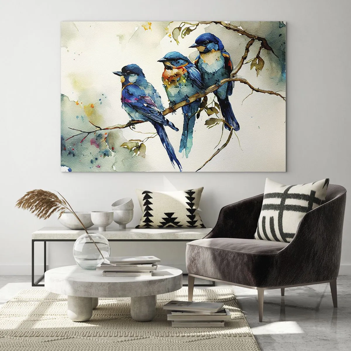 Schilderen op glas - Kleurrijke vogels die op een tak zitten in aquarel - 70x50cm - Is hij boos geworden? - Moderne wanddecoratie voor woonkamer en slaapkamer ARTTOR