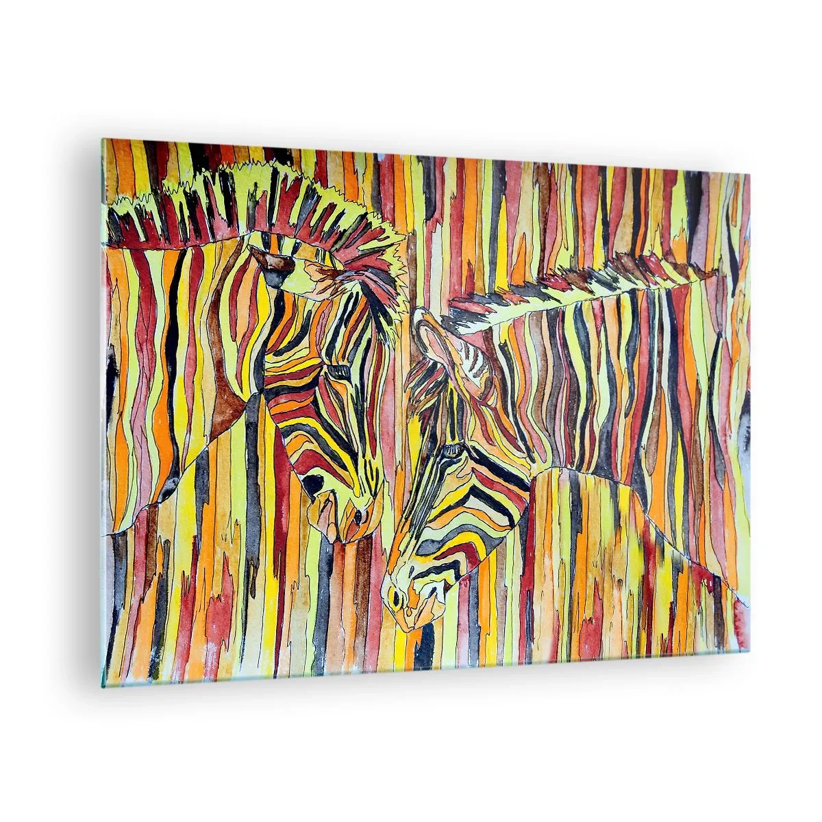 Schilderen op glas - Kleurrijke zebra's in een artistieke aquarelstijl - 70x50cm - Dus jij ook... - Moderne wanddecoratie voor woonkamer en slaapkamer ARTTOR