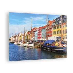 Schilderen op glas - Kleurrijke grachtenpanden in Kopenhagen - 70x50cm - Vrolijke werf - Moderne wanddecoratie voor woonkamer en slaapkamer ARTTOR