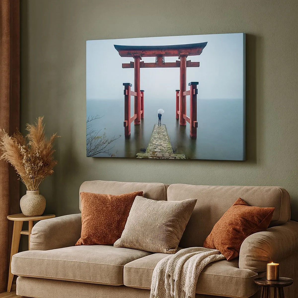 Schilderen op canvas - Een toriipoort met uitzicht op een rustig meer in Japan - 70x50cm - Japanse mijmering - Moderne wanddecoratie voor woonkamer en slaapkamer ARTTOR