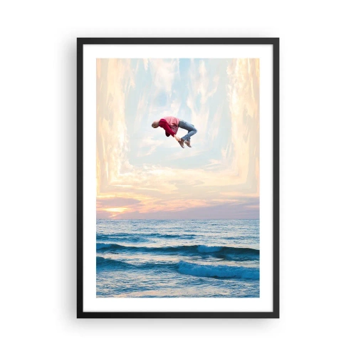 Poster in een zwarte lijst - Een man springt bij zonsondergang de lucht in boven de oceaan - 50x70cm - Naar een andere dimensie - Moderne wanddecoratie voor woonkamer en slaapkamer ARTTOR