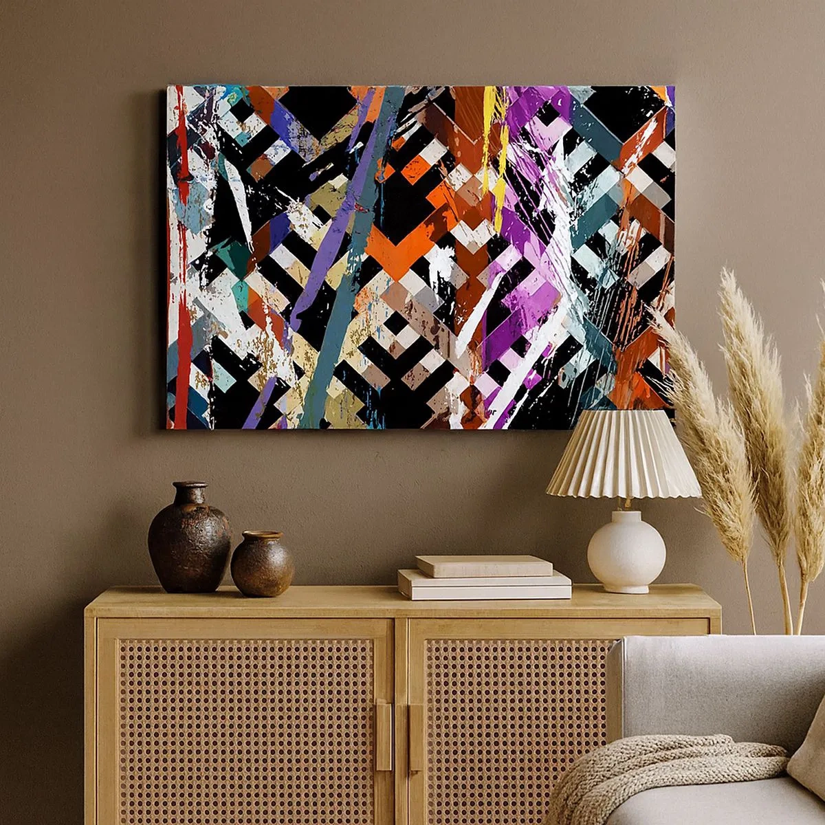 Schilderen op canvas - Abstracte compositie met gekleurde lijnen op een zwarte achtergrond - 70x50cm - Tot de tweede macht verheven - Moderne wanddecoratie voor woonkamer en slaapkamer ARTTOR