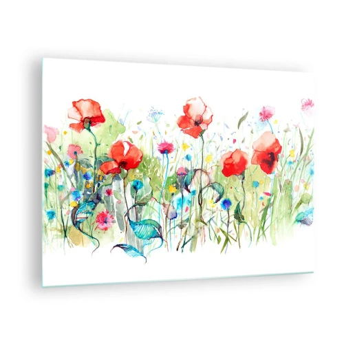 Schilderen op glas - Kleurrijke klaprozen en wilde bloemen in aquarelstijl - 70x50cm - Bloeiende meiweide - Moderne wanddecoratie voor woonkamer en slaapkamer ARTTOR