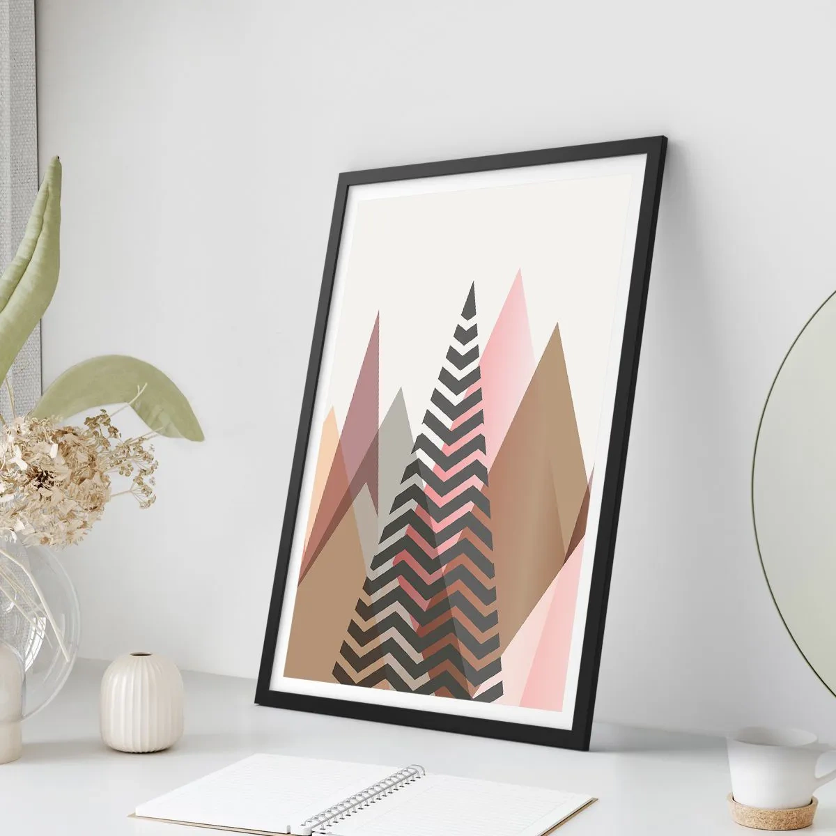 Poster in een zwarte lijst - Geometrische bergen in pasteltinten met een gelaagd effect - 50x70cm - Piramidaal uitzicht - Moderne wanddecoratie voor woonkamer en slaapkamer ARTTOR