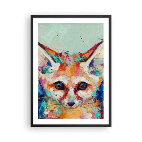 Poster in een zwarte lijst - Een kleurrijk abstract portret van een vos met een expressieve blik. - 50x70cm - Ben je klaar voor mij? - Moderne wanddecoratie voor woonkamer en slaapkamer ARTTOR