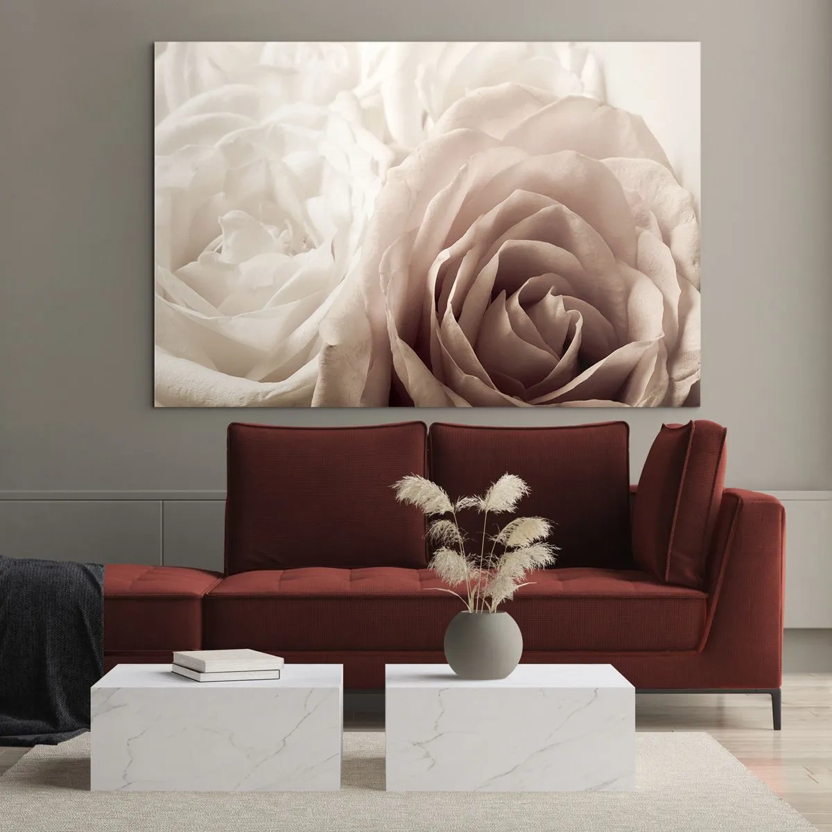 Schilderen op glas - Delicate lichte rozen in een romantische close-up - 70x50cm - In het hart van een roos - Moderne wanddecoratie voor woonkamer en slaapkamer ARTTOR