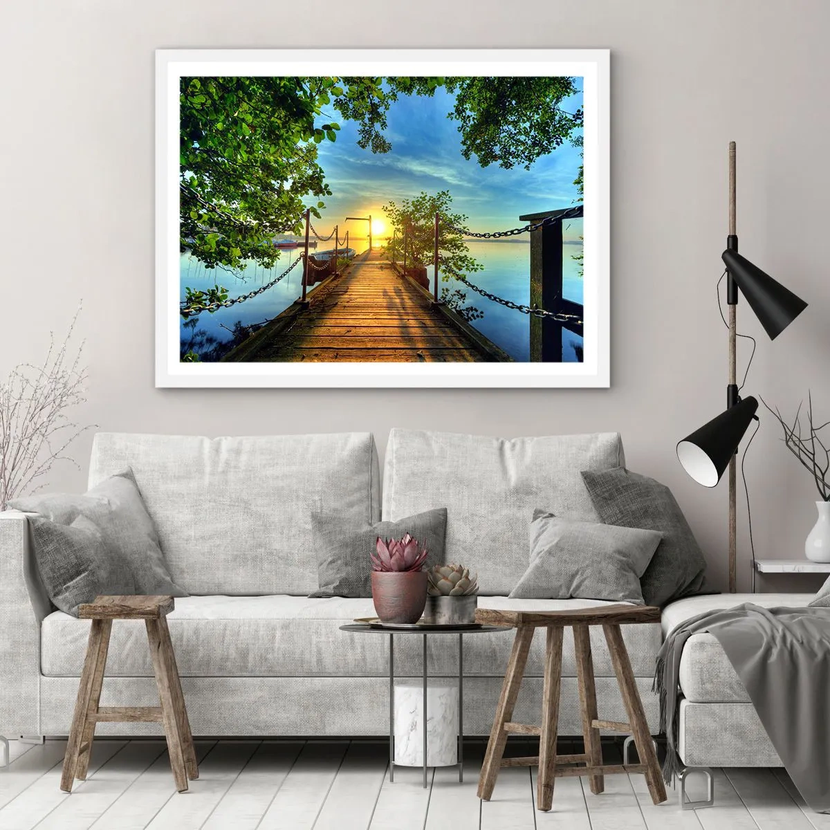 Poster in een witte lijst - Zonsondergang boven het water - 100x70 cm