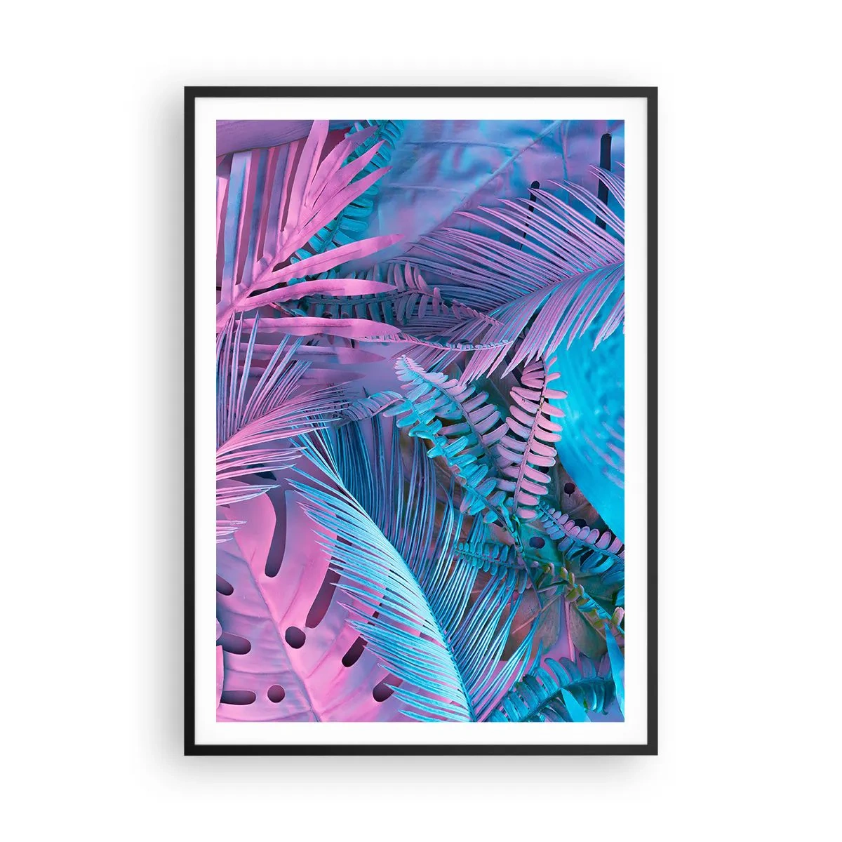 Poster in een zwarte lijst - Tropen in roze en blauw - 70x100 cm