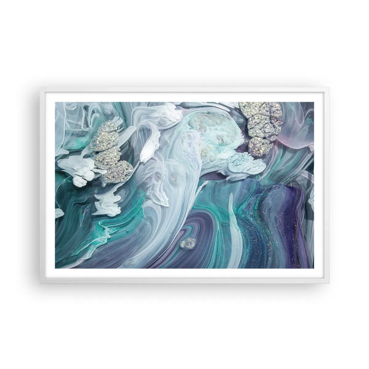 Poster in een witte lijst - Stromingen van hemelsblauw - 91x61 cm