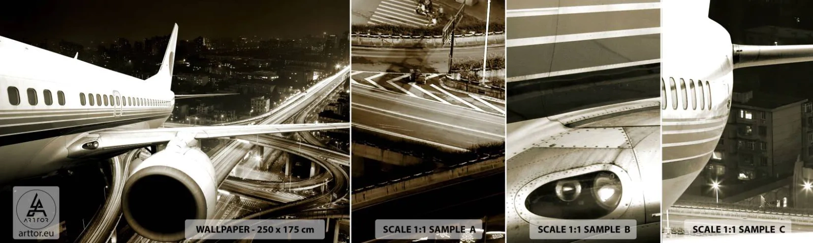 Fotobehang Staaltje Standard Eco - Vlieg de nacht in - Vliegtuig, Stad, Automobiel - 100x30 cm