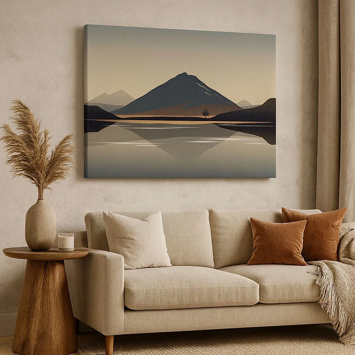 Schilderen op canvas - Minimalistisch berglandschap met weerspiegeling in het water - 70x50cm - Spiegelreflectie - Moderne wanddecoratie voor woonkamer en slaapkamer ARTTOR