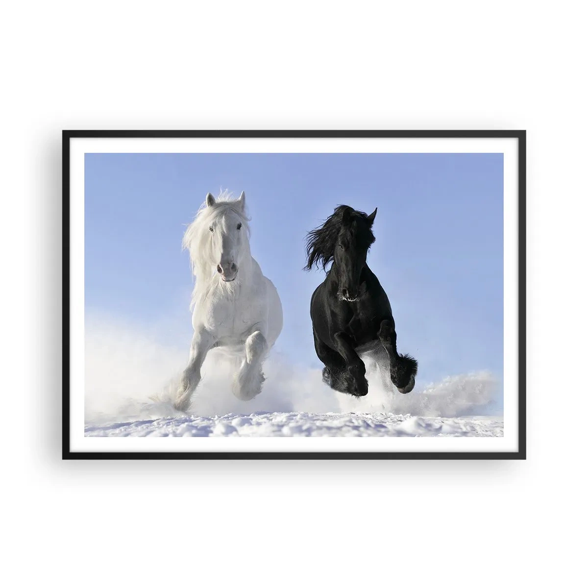 Poster in een zwarte lijst - Zwart-wit galop - 100x70 cm
