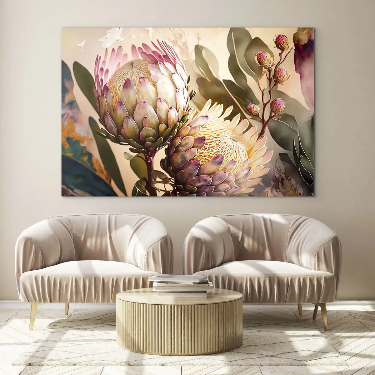 Schilderen op glas - Protea bloemen in warme tinten en zacht licht - 70x50cm - Teeder omarmd - Moderne wanddecoratie voor woonkamer en slaapkamer ARTTOR