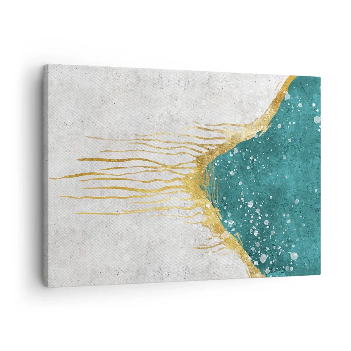 Schilderen op canvas - Een abstracte compositie in tinten goud en turquoise - 70x50cm - Gouden vloed - Moderne wanddecoratie voor woonkamer en slaapkamer ARTTOR