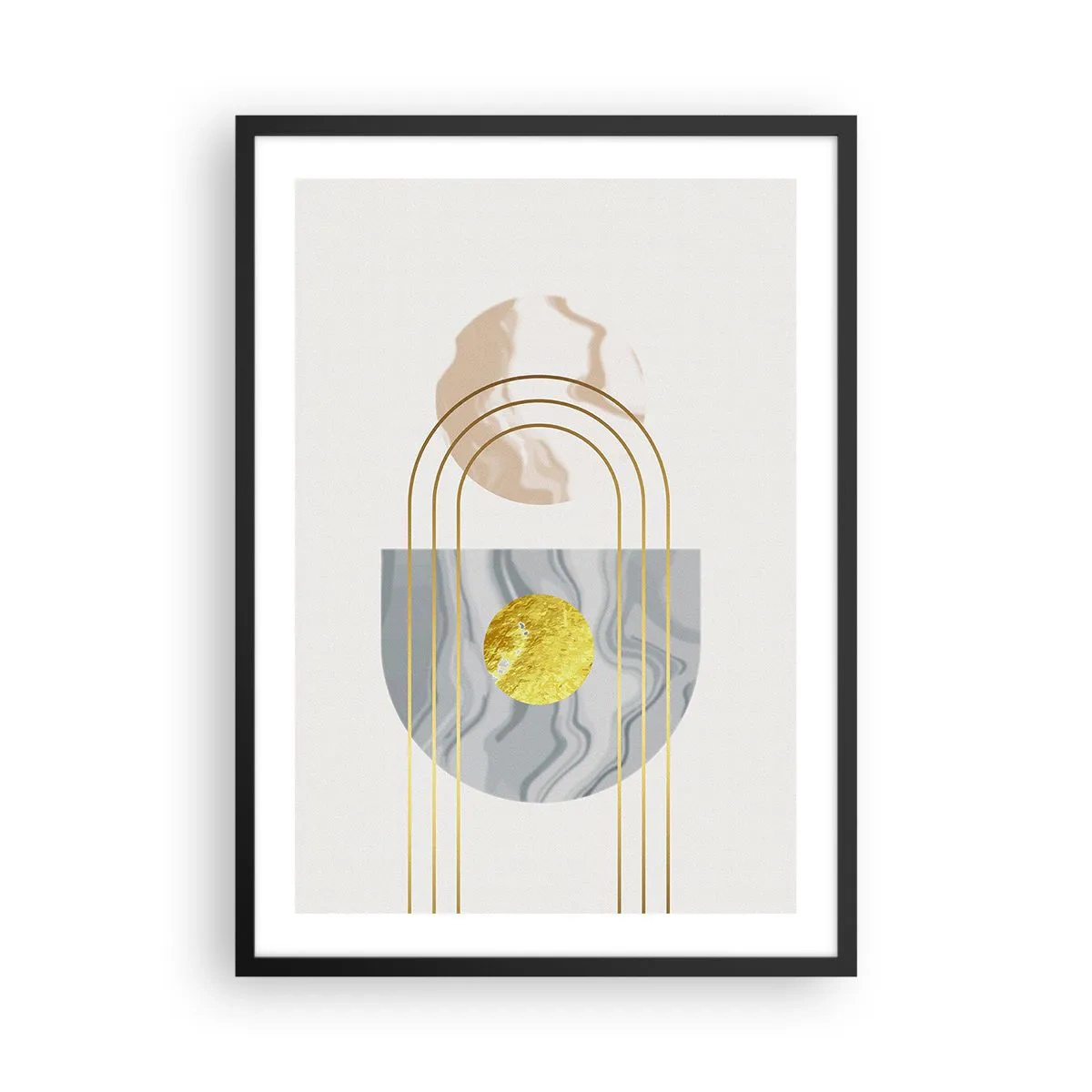 Poster in een zwarte lijst - Geometrische patronen met gouden elementen op een lichte achtergrond - 50x70cm - Helderheid en schittering - Moderne wanddecoratie voor woonkamer en slaapkamer ARTTOR