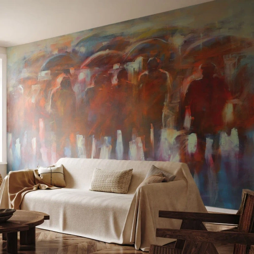 Fotobehang Standard Eco - Abstracte compositie van figuren met paraplu's in de regen - 100x70cm - Zelfs bij regen en mist - Moderne wanddecoratie voor woonkamer en slaapkamer ARTTOR