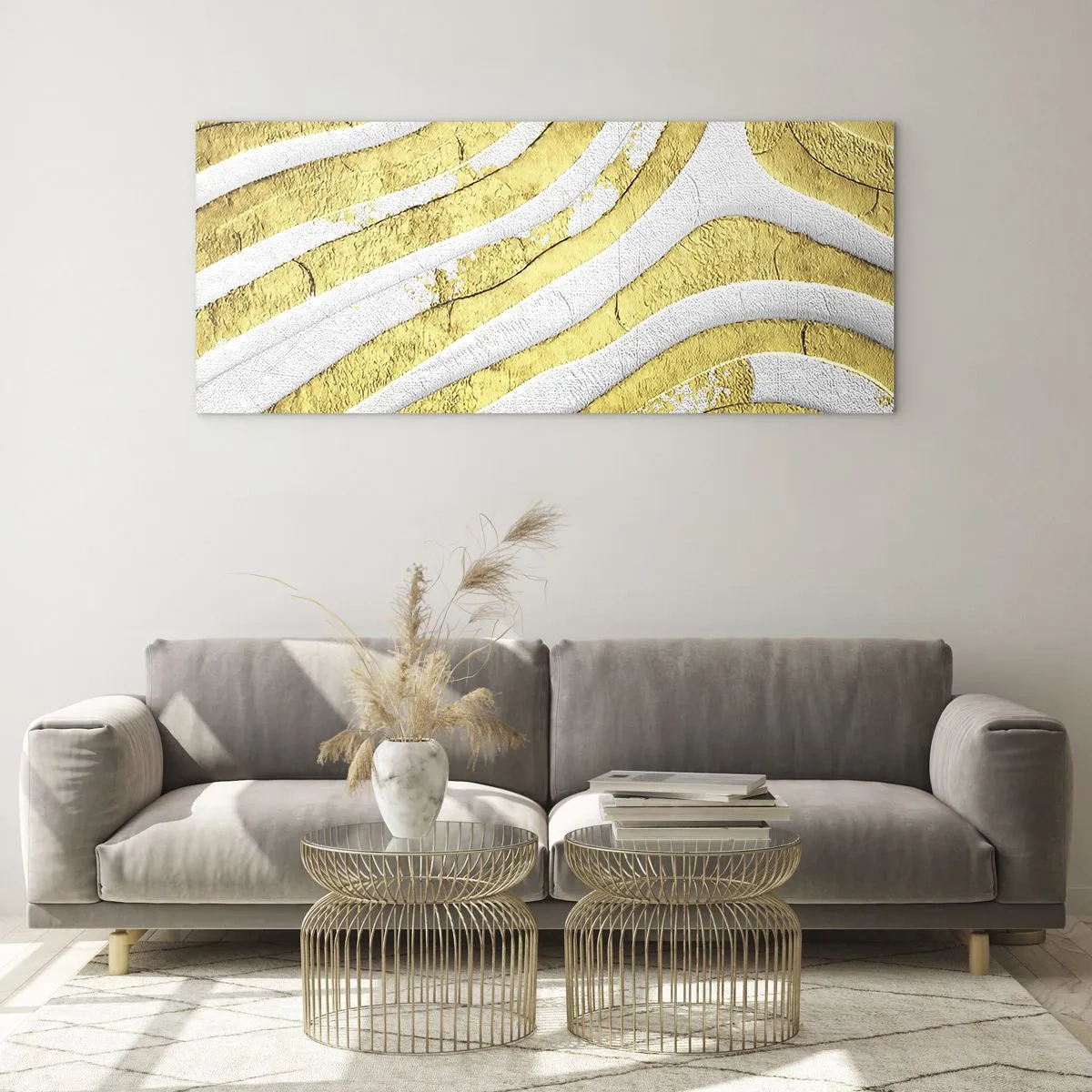 Schilderen op glas - Compositie in wit en goud - 140x50 cm