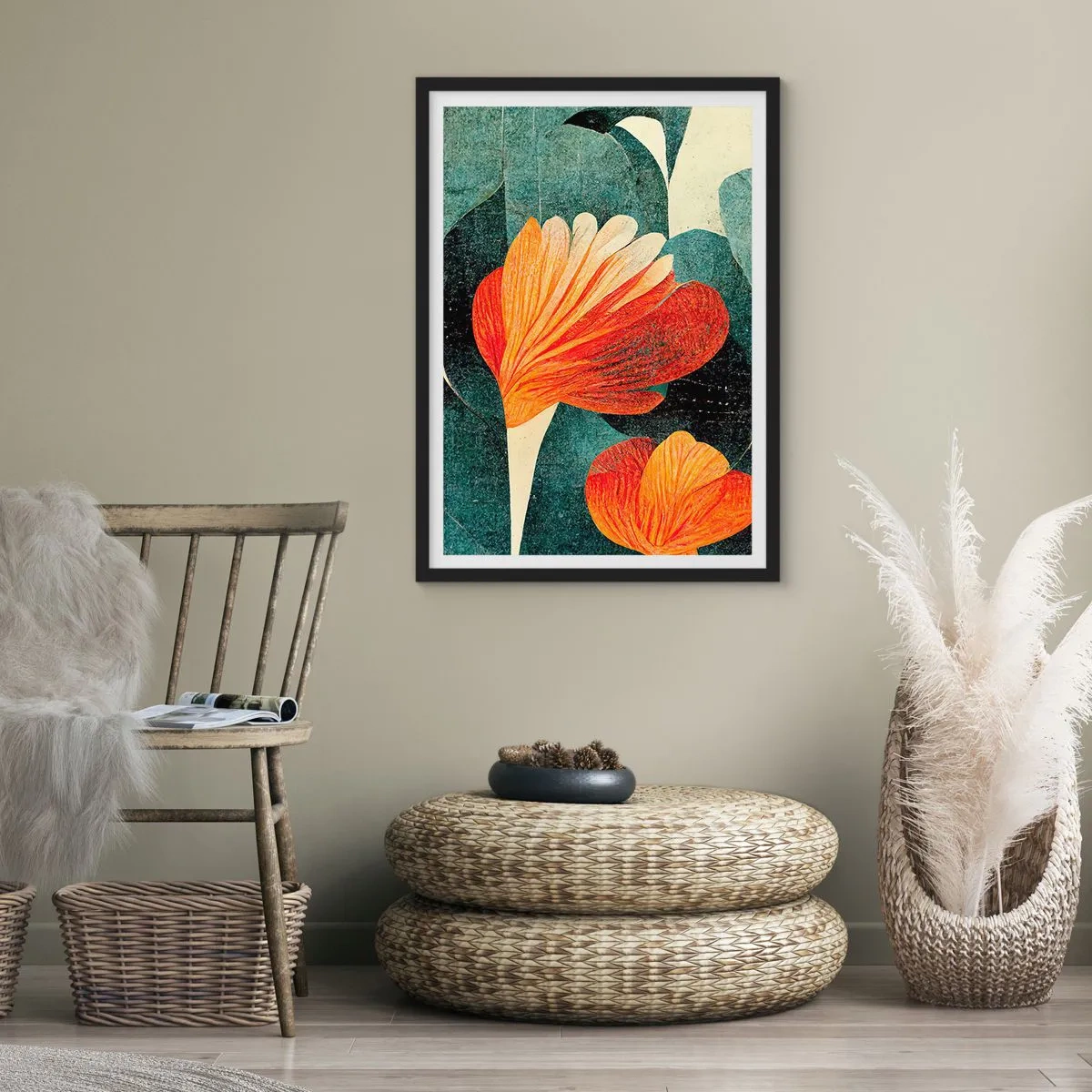 Poster in een zwarte lijst - Abstracte bloemen in tinten oranje en groen - 50x70cm - De hitte van de tropen en de koelte van het groen - Moderne wanddecoratie voor woonkamer en slaapkamer ARTTOR