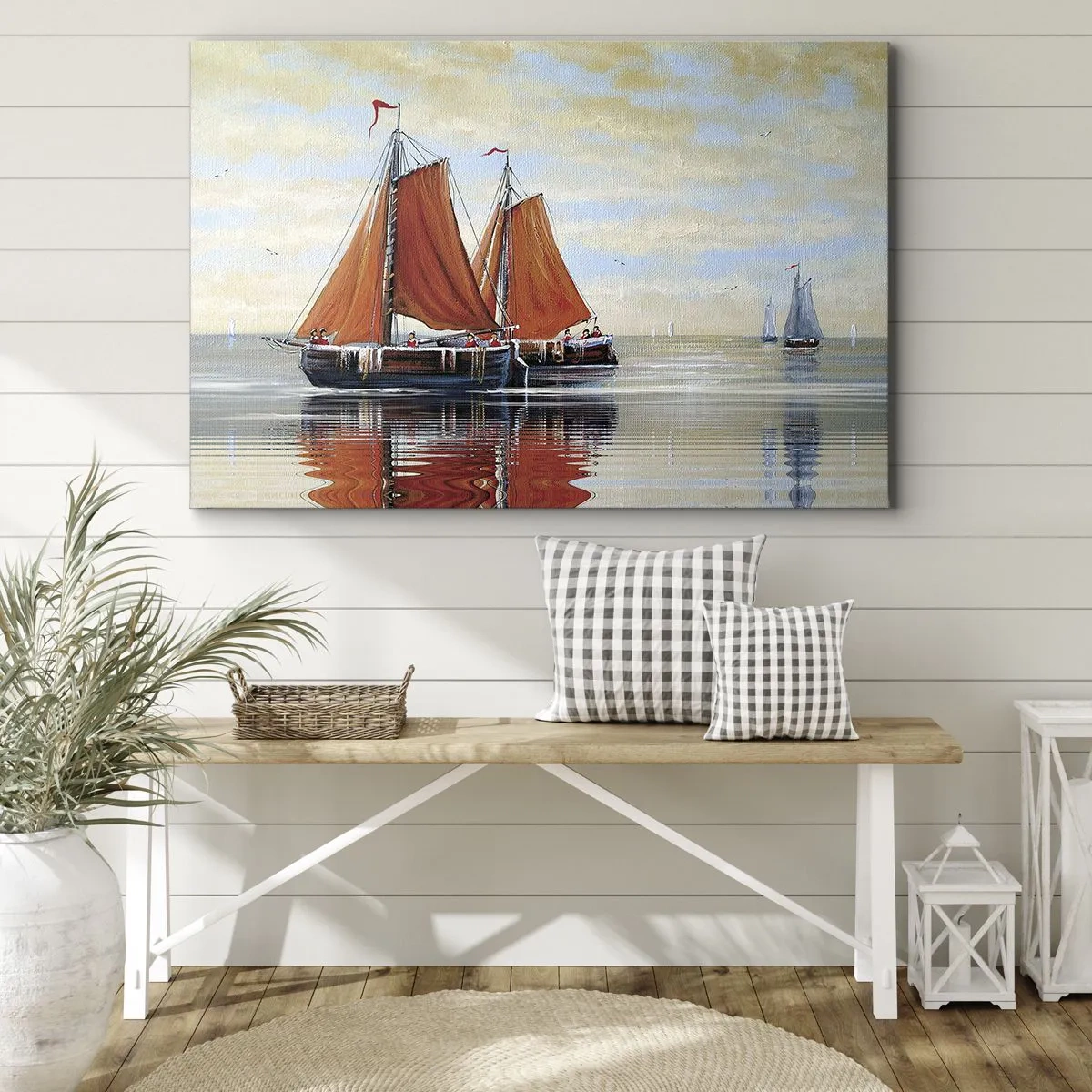 Schilderen op canvas - Tweemaster zeilboten in kalm water - 70x50cm - Hé, zeil, matroos... - Moderne wanddecoratie voor woonkamer en slaapkamer ARTTOR