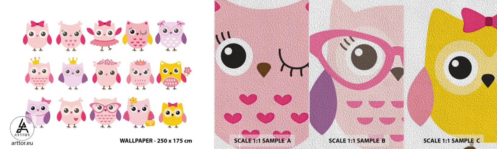 Fotobehang Monster Premium Sand - De ene is zoeter dan de andere - Vogels, Uil, Voor kinderen - 100x30 cm