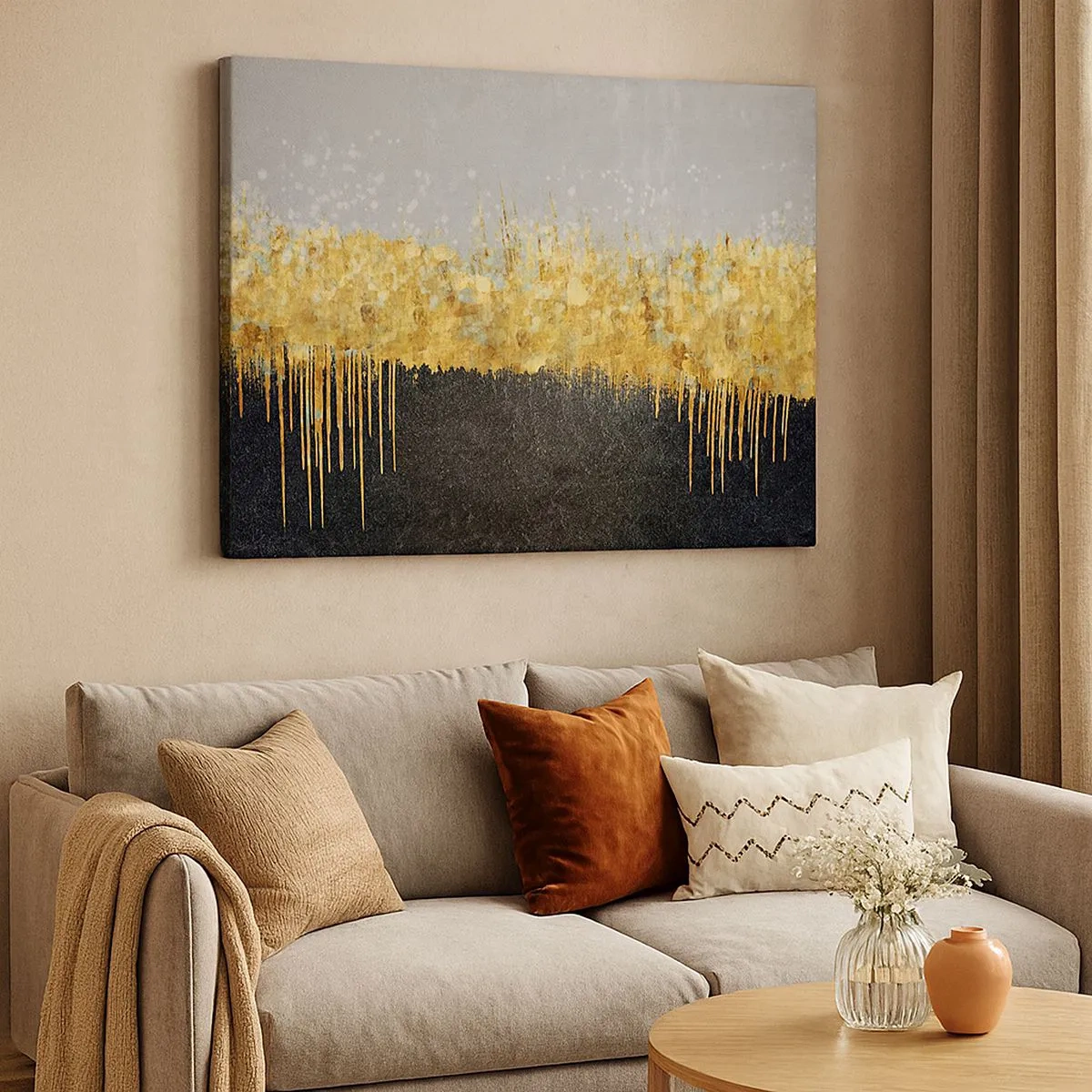 Schilderen op canvas - Abstracte compositie in tinten goud en zwart - 70x50cm - Naar binnen en naar boven - Moderne wanddecoratie voor woonkamer en slaapkamer ARTTOR
