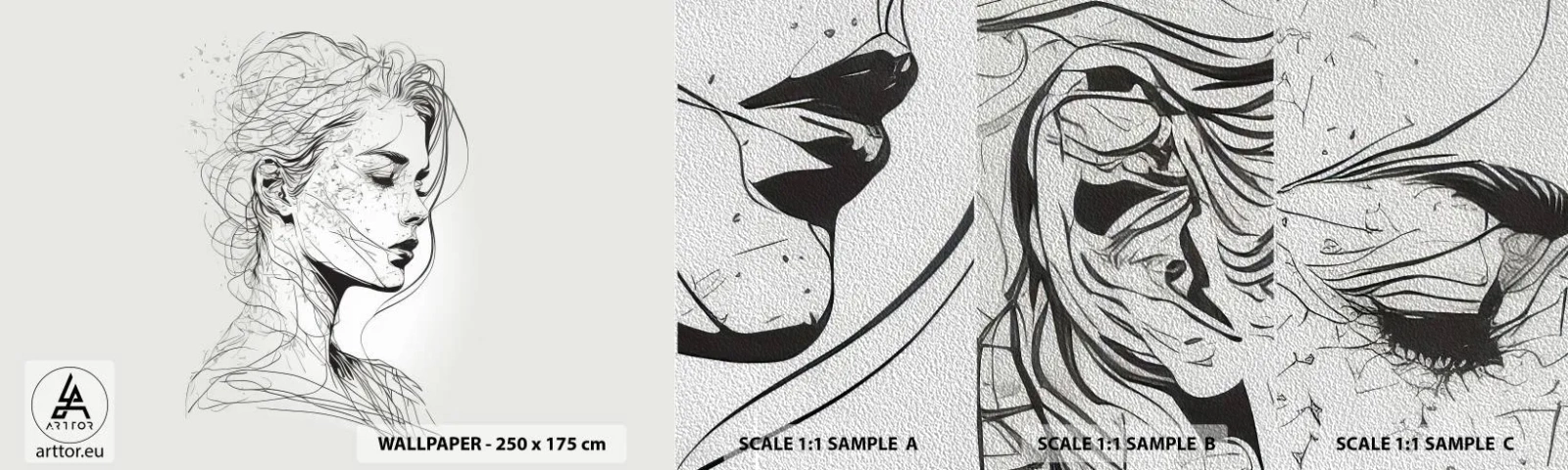 Fotobehang Monster Premium Sand - Portret in gedachten - Vrouw, Portret, Lijn - 100x30 cm