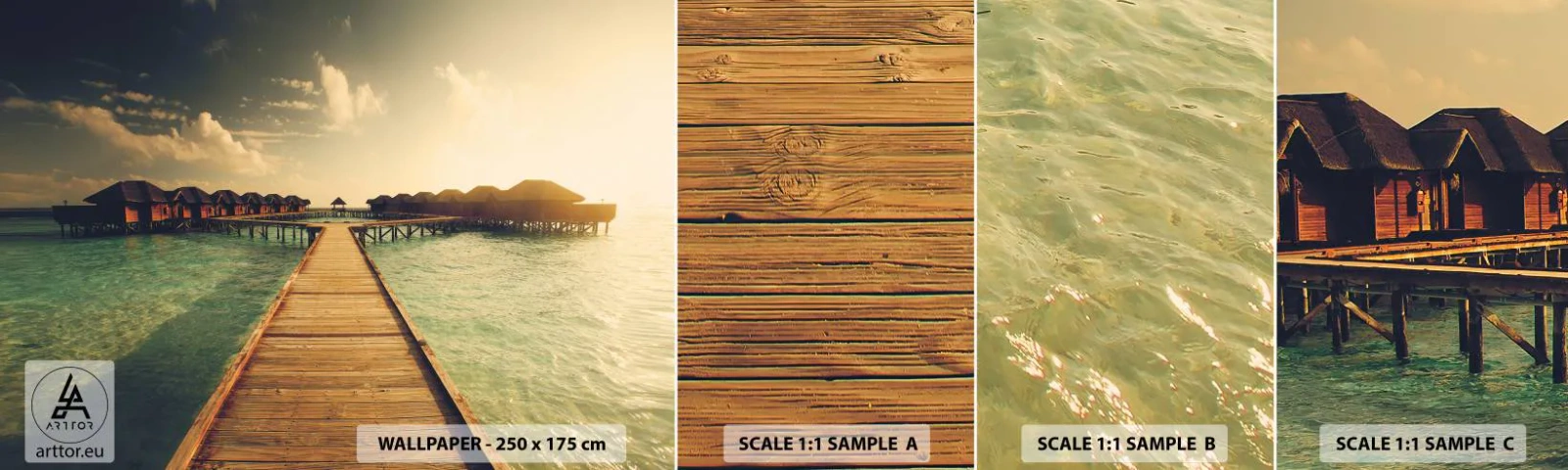 Fotobehang Monster Zelfklevend Deluxe Sticker - Een warme uitnodiging - Maldiven, Landschap, Huizen aan het water - 100x30 cm