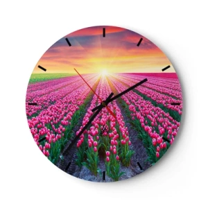 Wandklok - Klok - Een veld met rode tulpen bij zonsondergang - 30x30cm - Beautyfarm - Moderne wanddecoratie voor woonkamer, keuken en slaapkamer ARTTOR