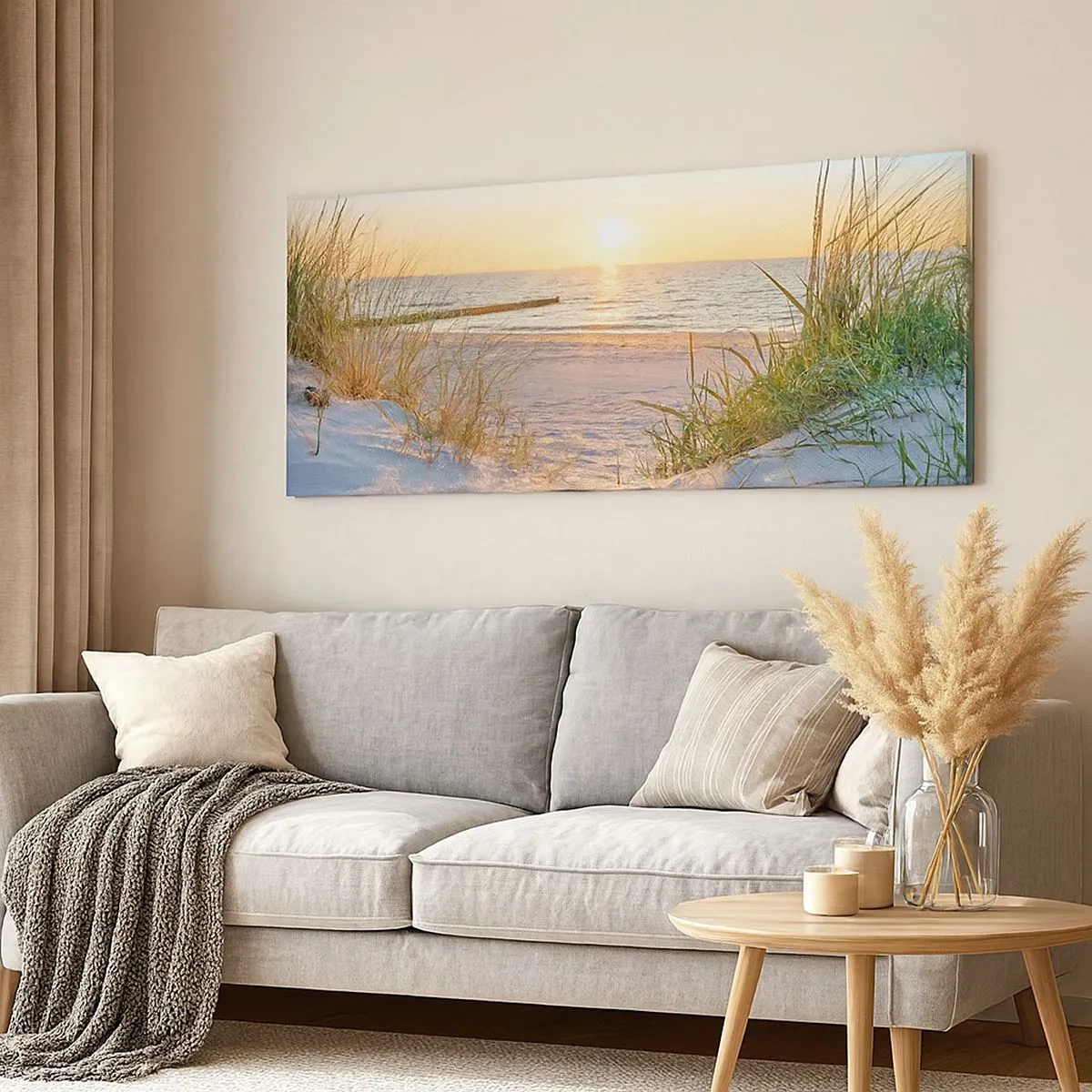 Schilderen op canvas - Het geluid van de zee, het zingen van vogels, een wild strand tussen het gras... - 100x40 cm