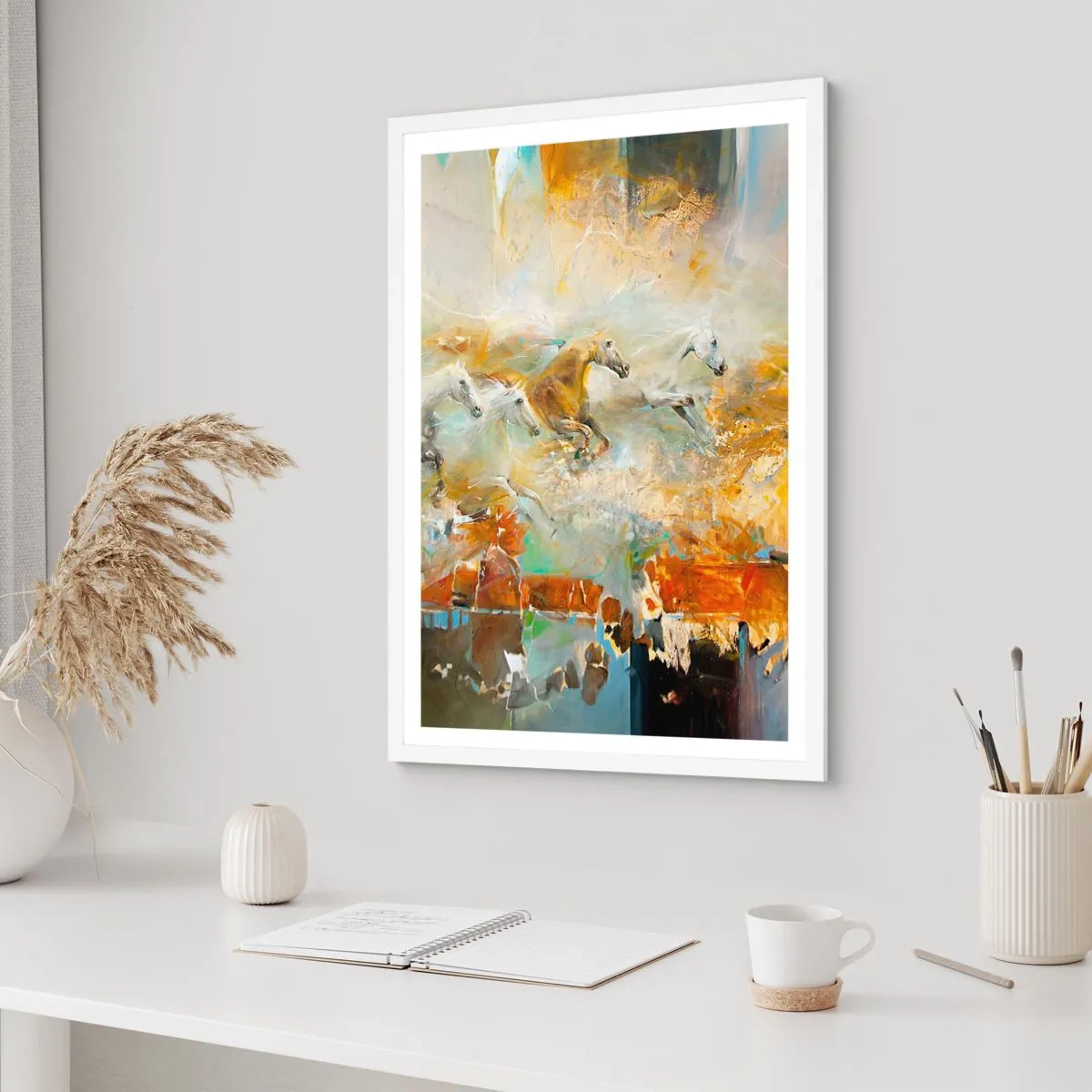 Poster in een witte lijst - Galopperen door het licht - 40x50 cm