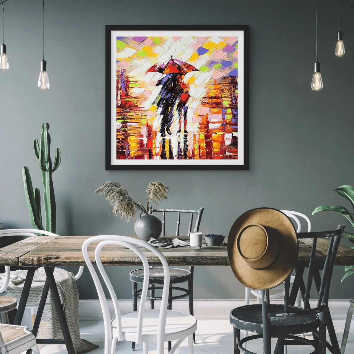 Poster in een zwarte lijst - Samen door de nacht en regen - 40x40 cm