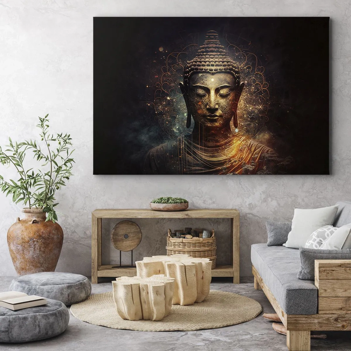 Schilderen op canvas - Gouden Boeddha op een donkere achtergrond met ornamenten - 70x50cm - Geestelijke balans - Moderne wanddecoratie voor woonkamer en slaapkamer ARTTOR