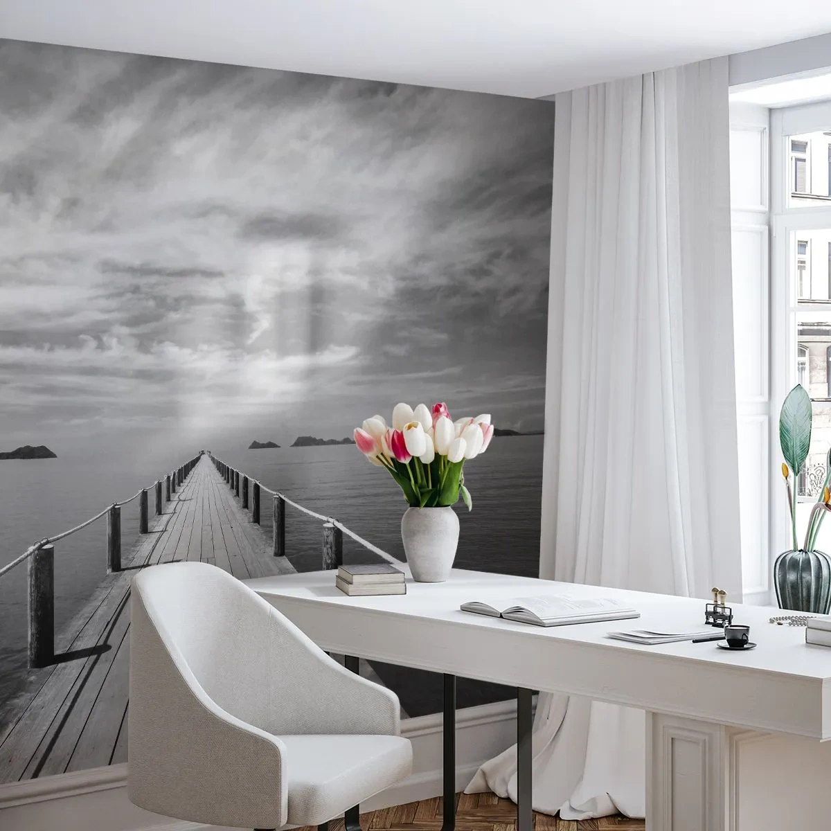 Zelfklevend Fotobehang Deluxe Sticker - Of misschien een reis... - Landschap, Zee, Houten brug - 250x175 cm